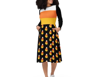 Candy corn women&#39;s dress, long sleeve midi dress with pockets, Halloween vibes,