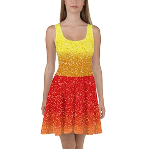 Pop star concert dress red and yellow. Skater Dress, (NOT real glitter or sparkles, design is printed on fabric)