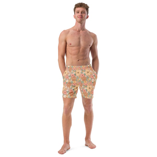 Men's groovy green flowers swim trunks, couples matching swimsuits