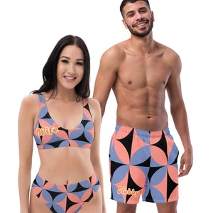 Koppels matching badpak, Manlief en vrouw, geometrische, meneer en mevrouw, zijn en haar zwemkleding, dames bikini met hoge taille, zwembroek voor mannen