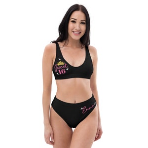 Sweet 16 swimsuit, Personalized black and pink sweet sixteen bikini, Recycled high-waisted bikini