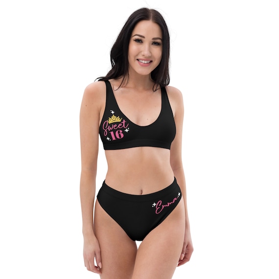 Sweet 16 Swimsuit, Personalized Black and Pink Sweet Sixteen Bikini,  Recycled High-waisted Bikini 