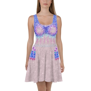 Pop star Concert outfit, pastel, printed on jewels, bejeweled, pink purple blue ombre, Skater Dress (not real sparkles or jewels)
