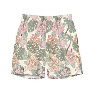 Tropische boho bloemenzwembroeken voor heren, flamingo's, hibiscusbloemen, pastelkleuren, paren bijpassende zwemkleding