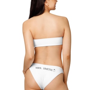 White Bride bikini, Personalized Bride Swimwear, Mrs. Honeymoon two piece bathing suit, bandeau bikini
