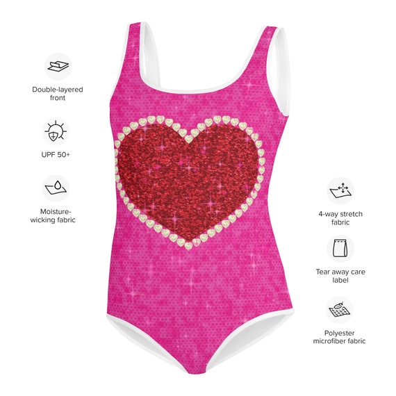 Girl's Red and Pink Heart Swimsuit, Teens and Tweens One Piece Swimsuit not  Real Sparkles or Jewels 