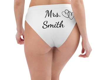 White Bride bikini bottoms, Personalized wedding swimsuit, Recycled high-waisted bikini bottom