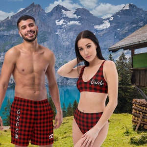 Bride and Groom Buffalo Plaid swimsuits, Personalized bride swimsuit, Mrs. Mr., honeymoon, couples matching swimsuits, high-waisted bikini,