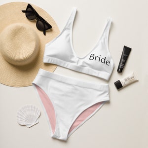 White Bride Swimsuit Personalized Bride Women&#39;s Swimwear, Mrs. Honeymoon two piece bathing suit, Recycled high-waisted bikini