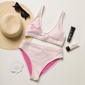 Bride bikini light pink Swimsuit Personalized Bride Women&#39;s Swimwear, Mrs. Honeymoon two piece bathing suit, Recycled high-waisted bikini