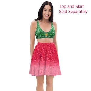 Pop star concert outfit, green and pink, top & skirt sold separately (NOT real glitter or sequins, design is printed on fabric)