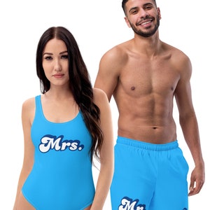 Matching swimsuits, Mr. and Mrs., Bridal blue and white swimsuits, couples matching swimwear, wedding gift, honeymoon swimsuit, One-Piece