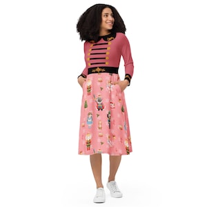 Nutcracker dress, pink, women&#39;s and teens Holiday dress, Nutcracker costume, long sleeve midi dress, regular and plus sizes