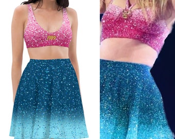 New 1989 Taylor inspired Paris concert outfit, pink and blue, (NOT real glitter or sequins, design is printed onto fabric)