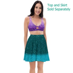 Pop star concert outfit, purple and teal, top & skirt sold separately (NOT real glitter or sequins, design is printed on fabric)