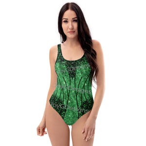 Pop star concert bodysuit green and black outfit, One-Piece Swimsuit, costume (NOT real glitter or sequins, design is print only)