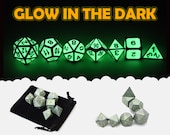 D D GLOW in the DARK Geen and Silver Metal Dice 7 Piece Set Bag d20 d12 d10 d d8 d6 d4 DnD RPG Role Playing Games Dungeons Dragons Gift