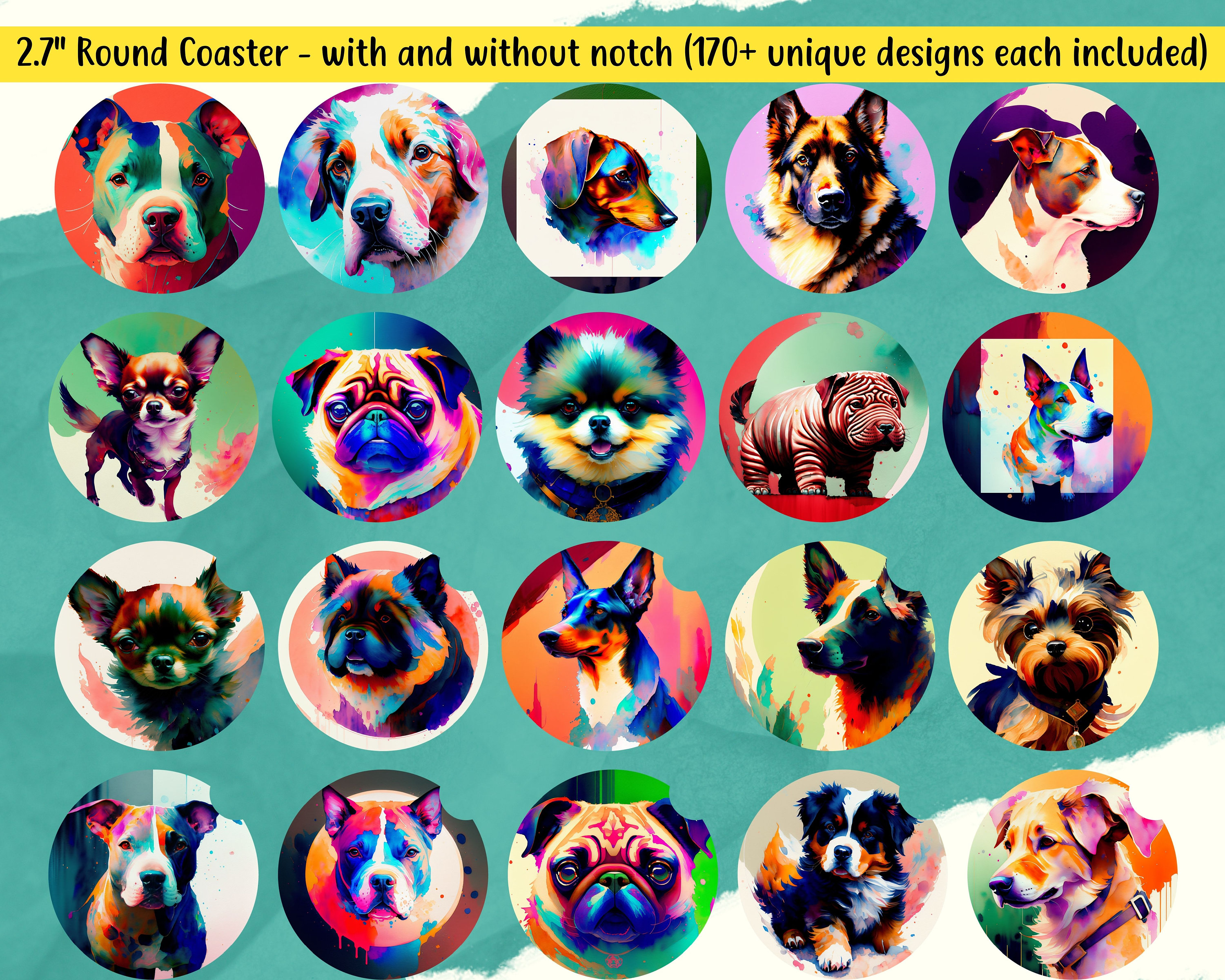 Watercolor Dog Car Coaster PNG Bundle 2040 Glass Coaster, Dog Coaster