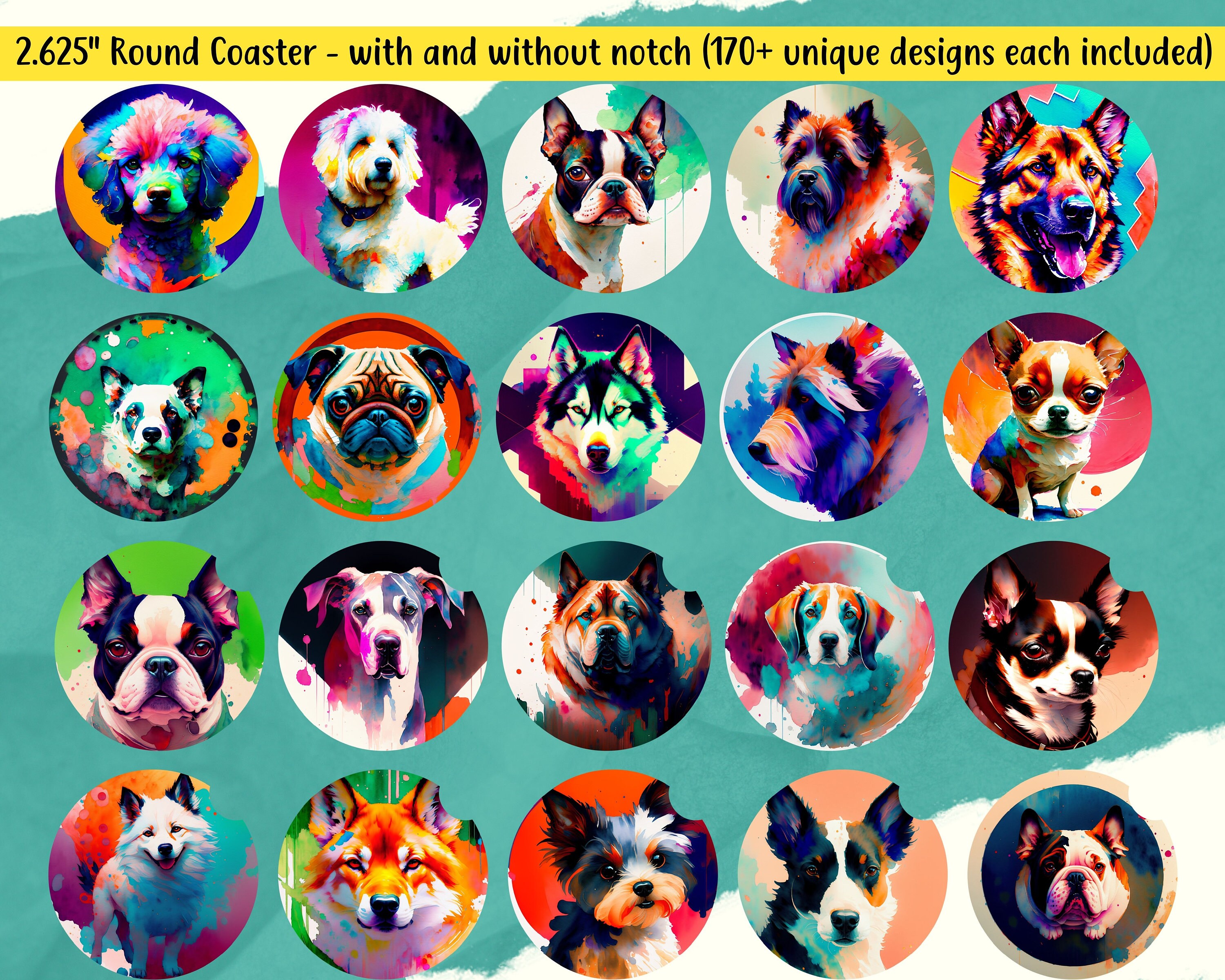 Watercolor Dog Car Coaster PNG Bundle 2040 Glass Coaster, Dog Coaster