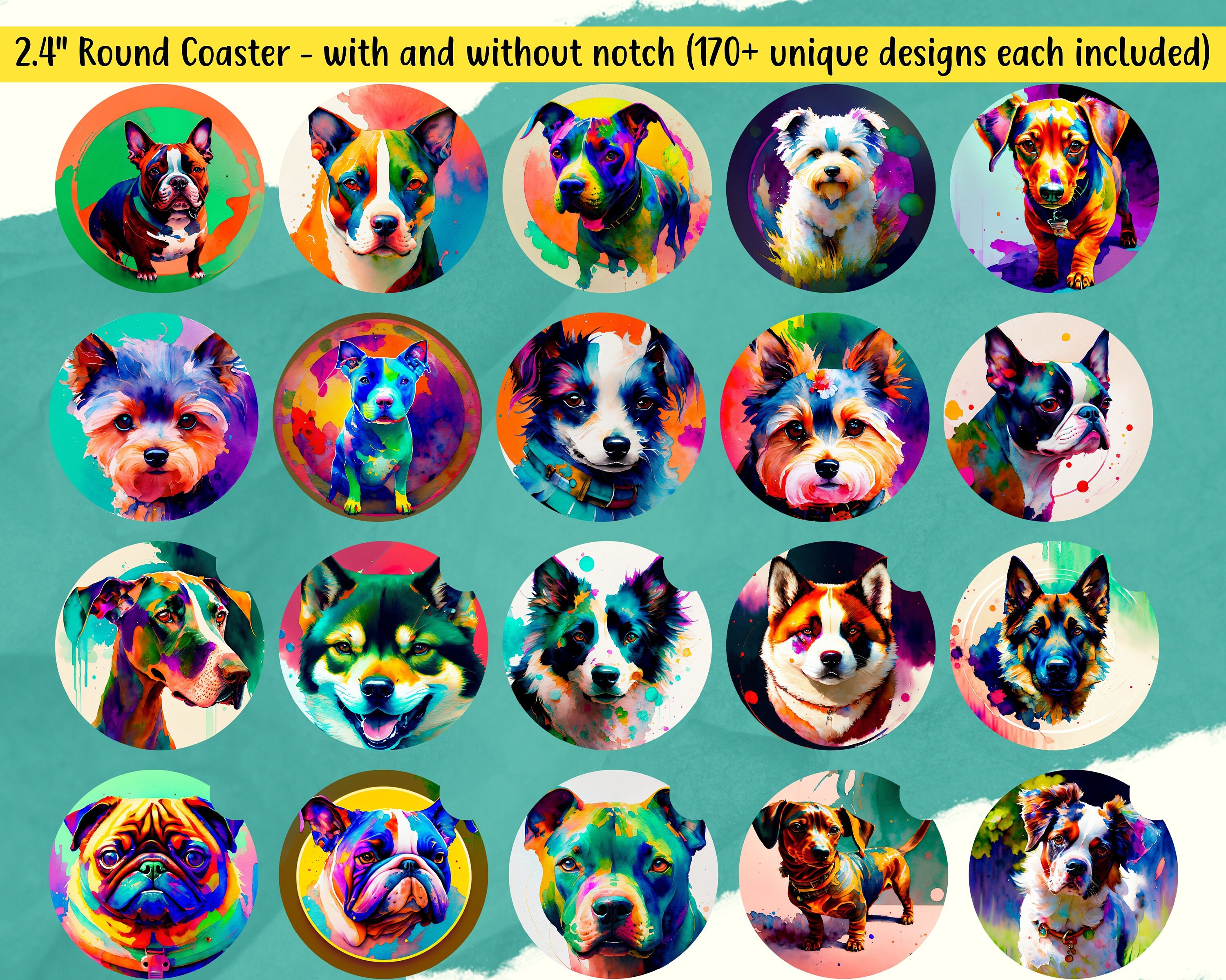 Watercolor Dog Car Coaster PNG Bundle 2040 Glass Coaster, Dog Coaster