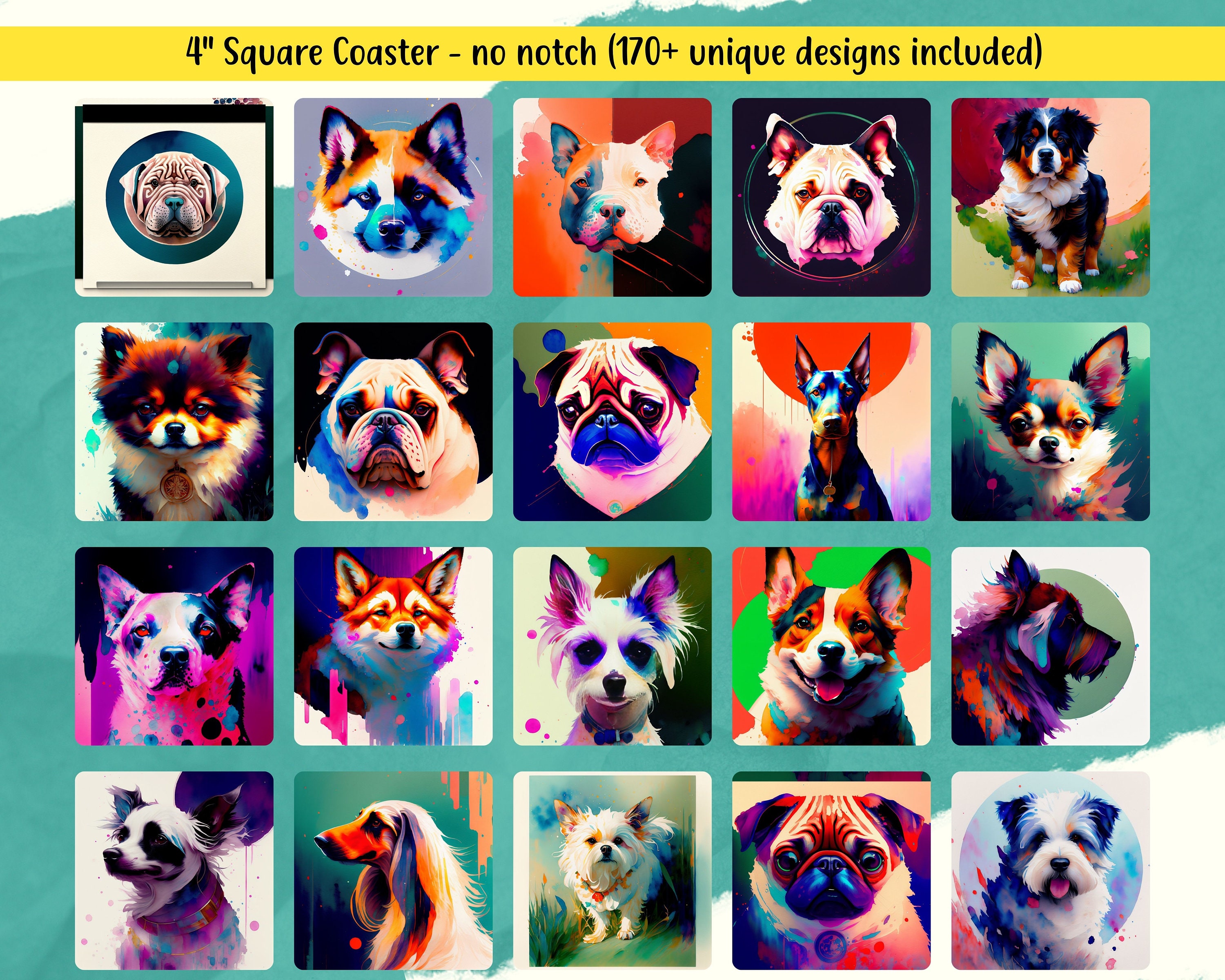 Watercolor Dog Car Coaster PNG Bundle 2040 Glass Coaster, Dog Coaster