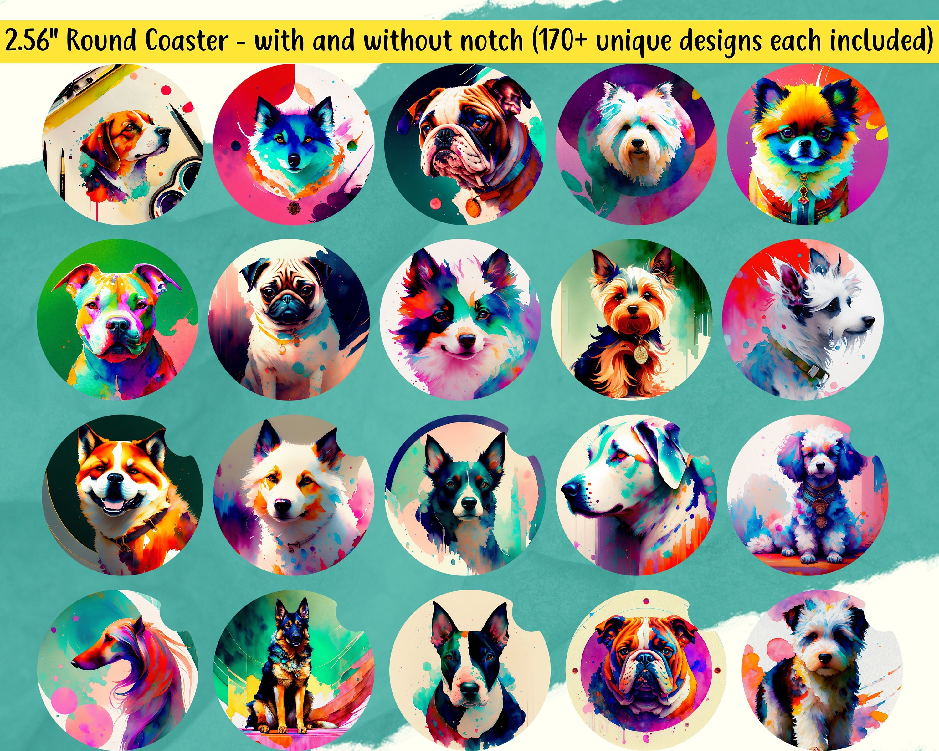 Watercolor Dog Car Coaster PNG Bundle 2040 Glass Coaster, Dog Coaster