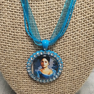 Kate Sharma Bridgerton Inspired Cabochon Pendant Necklace | Blue Bezel with Rhinestones
