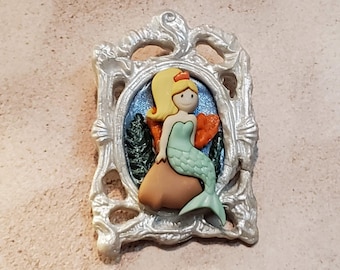 Mermaid Resting on Rock Under the Sea Framed Pendant