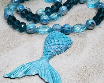 Make Waves Blue Mermaid Tail Pendant Bead Necklace