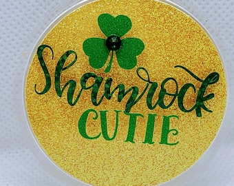 Shamrock Cutie Glitter, Holographic & Crystal Rhinestone Embellished Pin/Badge | St. Patrick's Day