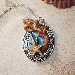 Mermaid Tail & Starfish Silvertone Pendant | Bronze Sparkly Clay Cameo