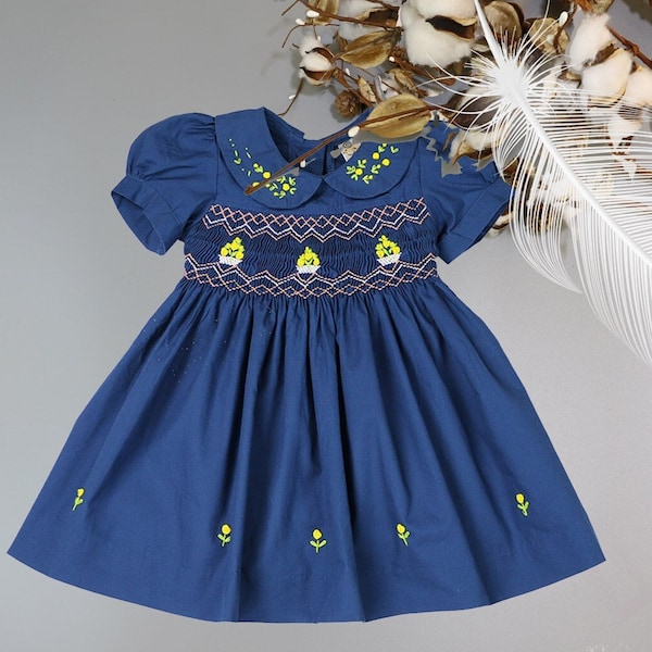 Deep Blue Hand-Smocked Embroidered Baby Girl Dress / Toddler Girl Vintage Birthday Dress / Li'l Girls Special Occasion Dress / Formal Dress.