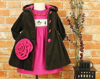 Girls Birthday Celebration Coat Dress / Corduroy Hooded Overcoat / Toddlers Special Occasion Swing Jacket / Holidays, Daily Use Outerwear.