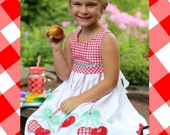 Girls Red Gingham Cherry Patchwork Dress / Cherry Applique' Summer Birthday Dress / Toddlers Picnic Dress / Back to School Portraits Dress
