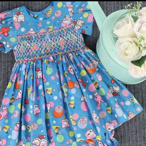 Cartoon Printed Hand-Smocked Embroidered Baby Girl Dress / Toddler Girls Birthday Smocked Dress / Celebration Dress / 1st Birthday Outfit. image 3