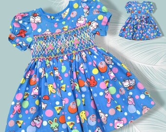 Cartoon Printed Hand-Smocked Embroidered Baby Girl Dress / Toddler Girls Birthday Smocked Dress / Celebration Dress / 1st Birthday Outfit.