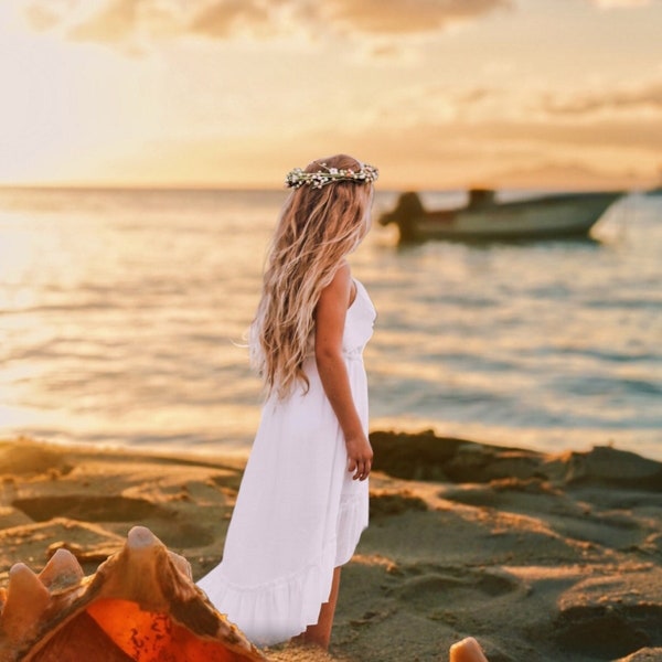 Beach Beauty Flower Girl Dress / Beach Boho White High Low Dress / Toddler Girls Resort , Cruise Dress / Airy Cotton High Low Ruffled Dress