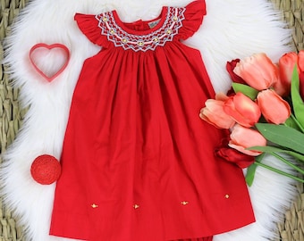 Red Bishop Angel Sleeves Baby Girl Dress / 1st Birthday Smocked Embroidered Dress / Smocked Bishop Dress & Bloomers / Bishop Birthday Dress.