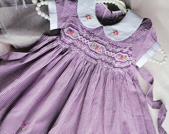 Lilac Gingham Hand-Smocked Embroidered Baby Girl Dress / Vintage Inspired Spring Summer Dress / Toddler Girl Special Occasion Smocking Dress