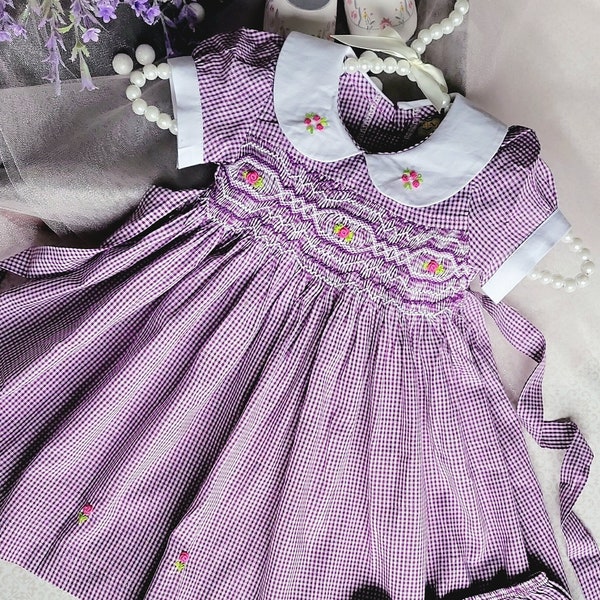 Lilac Gingham Hand-Smocked Embroidered Baby Girl Dress / Vintage Inspired Spring Summer Dress / Toddler Girl Special Occasion Smocking Dress