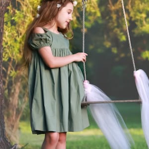 Girls Cold Shoulder Romantic Dress / Elegant Flower Girl Dress / Girls Vintage Inspired Cotton Dress / Toddlers Girls Portraits Dress. Olive Green
