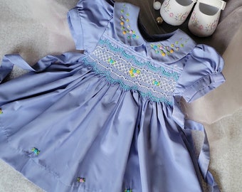 Sky Blue Hand-Smocked Embroidered Peter Pan Collar Dress / Lil' Girls Easter Dress / Vintage Inspired Smocking Dress / Special Occasion Dres