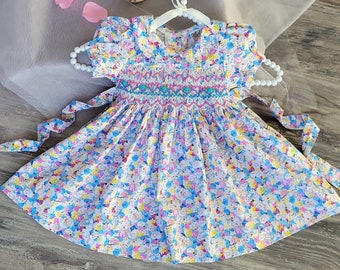 Floral Hand-Smocked Embroidered Baby Girl Dress / Flower Girl Smocking Dress / 1st Birthday Dress Bloomers Set / Toddler Girls Easter Dress.
