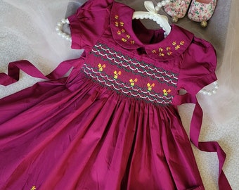 Burgundy Smocked Embroidered Baby Girl Dress / Toddler Girls Celebration Formal Dress / Li'l Girls Special Occasion Dress / Pageant Dress.