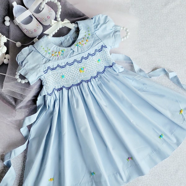 Pastel Blue Hand-Smocked Embroidered Baby Girl Dress / Toddler Girl Easter Dress / Flower Girl Dress / Vintage Inspired Girls Smocked Dress.