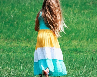 Girls Color Block Maxi Dress / Smocked Tiered Maxi Dress / Beach Birthday Maxi Dress / Pool Party Dress Cover-Up / Vacation Maxi Dress.