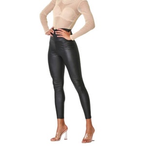 Women Black Leather Look Pants / Faux Leather Leggings / Black High Waisted Stretchy Sexy Leggings / Black Pleather Women Leggings Tights