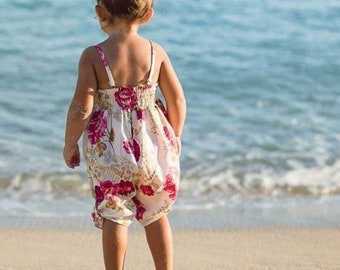 Mono holgado para niñas/mono de verano para niñas pequeñas/mono corto de algodón con tirantes finos/mono de playa para niños/jerseys tobilleros con dobladillo con botones.