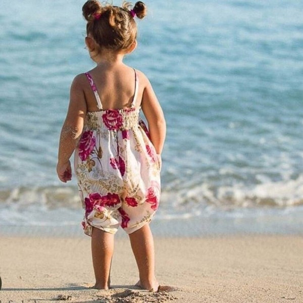 Girls Loose Fit Jumpsuit / Toddler Girls Summer Overall / Spaghetti Straps Cotton Playsuit / Kids Beach Overall / Button-Hem Ankle Jumpers.