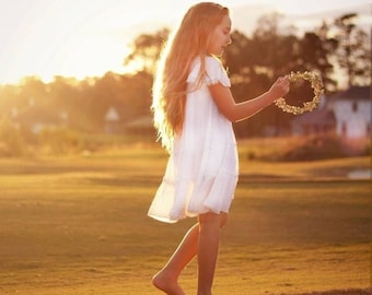 Girls White Boho Dress / Cotton Lace Tiered Dress / Boho Flower Girl Dress / Beach Portraits Dress / Baby Girl Baptism Christening Dress.